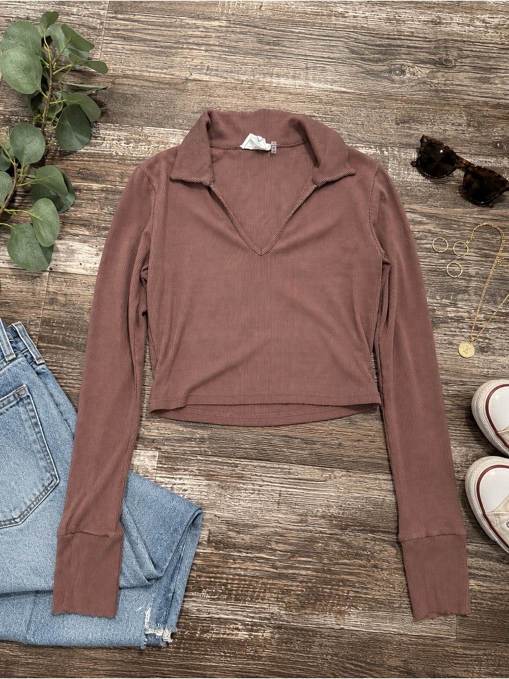 Style Rack Brown Ribbed Crop Top Mock Neck Keyhole Long Sleeve Size Medium